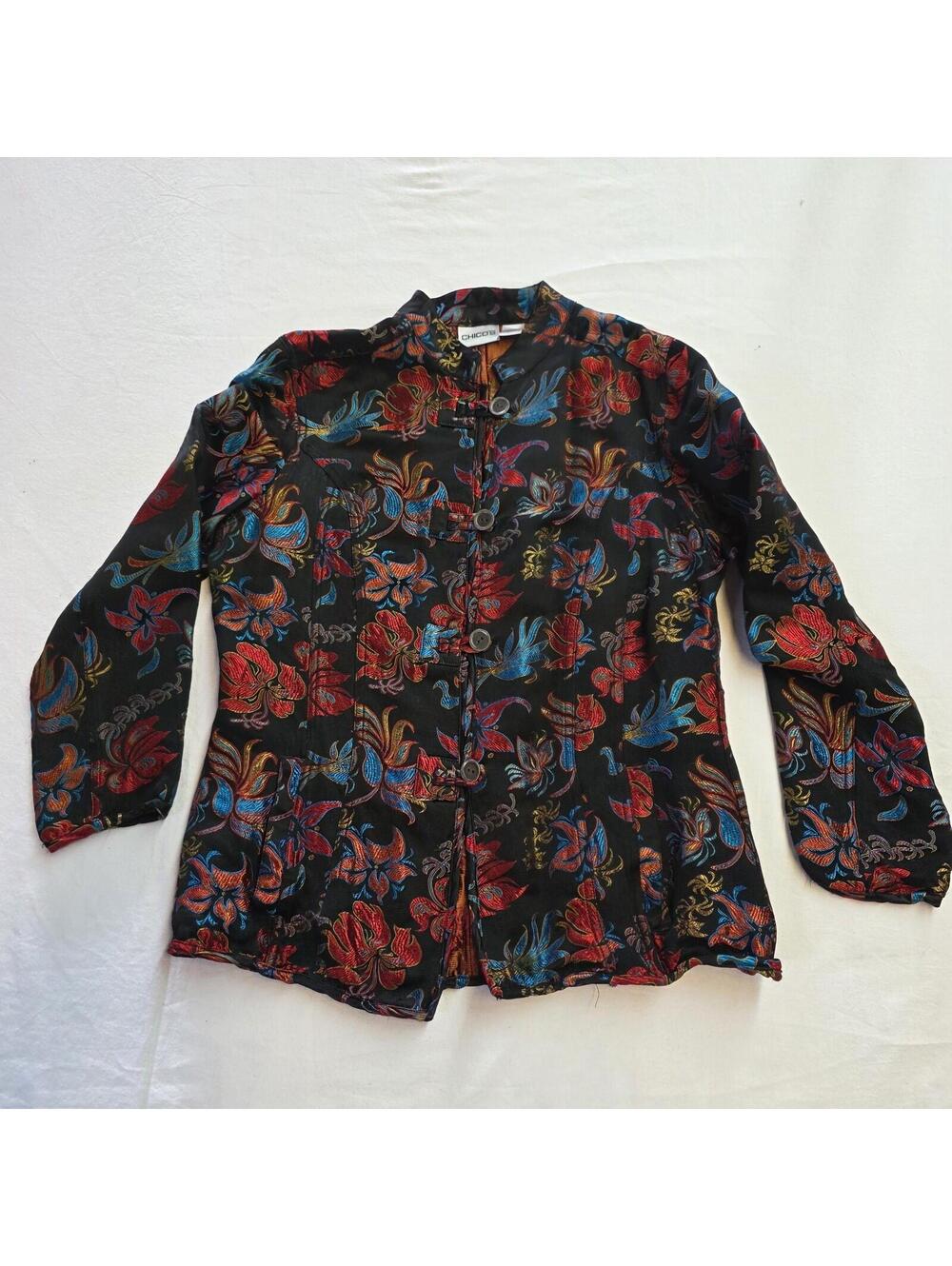 Chicos Womens Kimono Jackets Mandarin Collar Silk Blend Floral Size Small